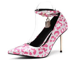 LBSFY  -  Black Pink Leopard Pointed Toe Sliver Lock Decor Pumps Woman Sexy Shallow Ankle Buckle Stiletto Heels Party Dress Shoes Size 43