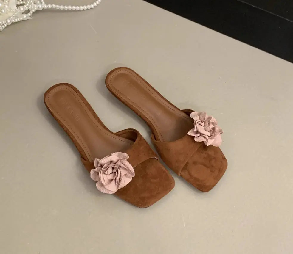 LBSFY -Women French Flowers Slippers Summer Slides Open Toe Flat Casual Shoes Leisure Sandal Female Vacation Beach Flip Flops