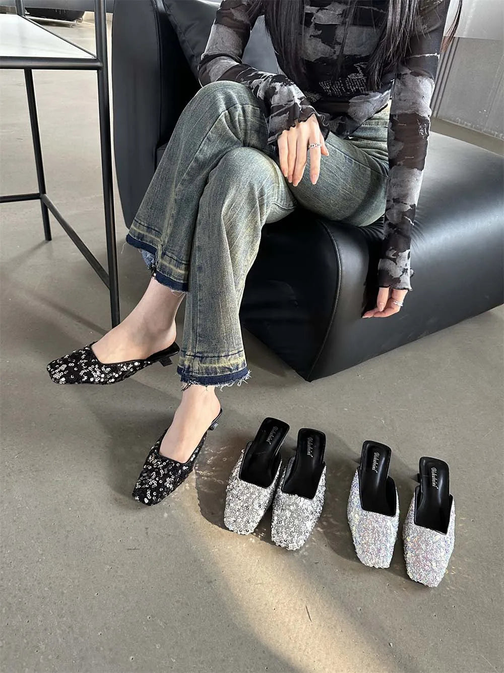 LBSFY  - Square Toe Women Slides Slippers Summer Outside Dress Shoes Black Silver 2024 New Arrivals Party Thin Low Heels Sequined Cloth