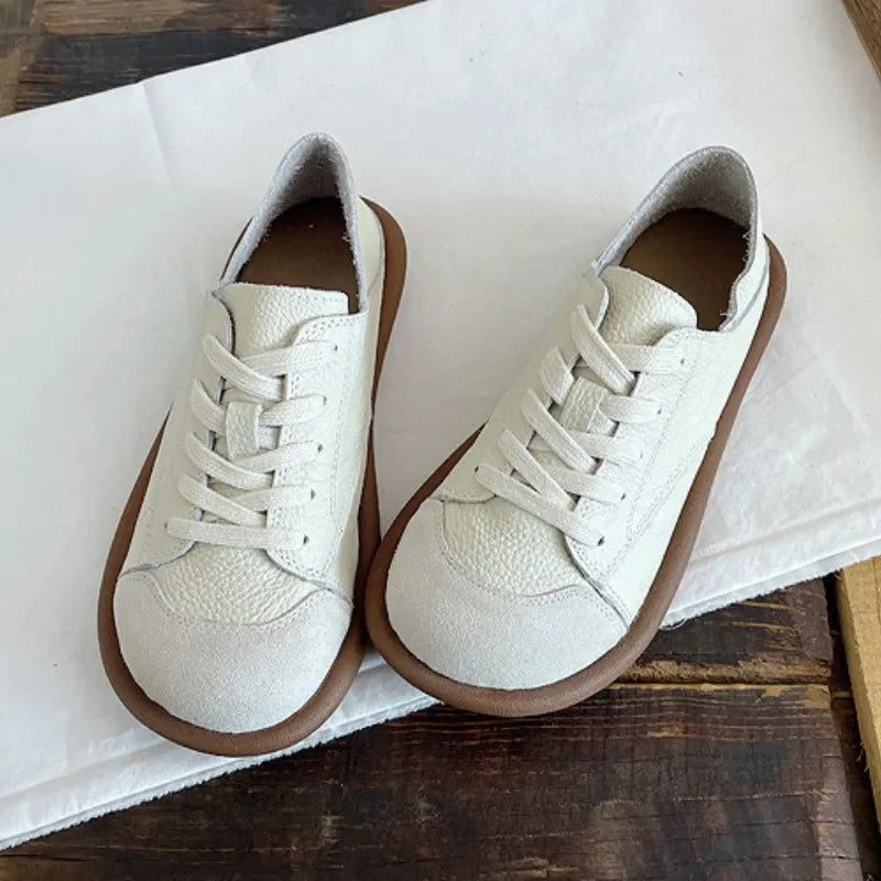 LBSFY  -  New Women's Shoes Flat Bottom Round Toe Flat Shoes Casual Lace Up Ladies Sneakers Mixed Color Soft Sole Beige Vulcanized Shoes