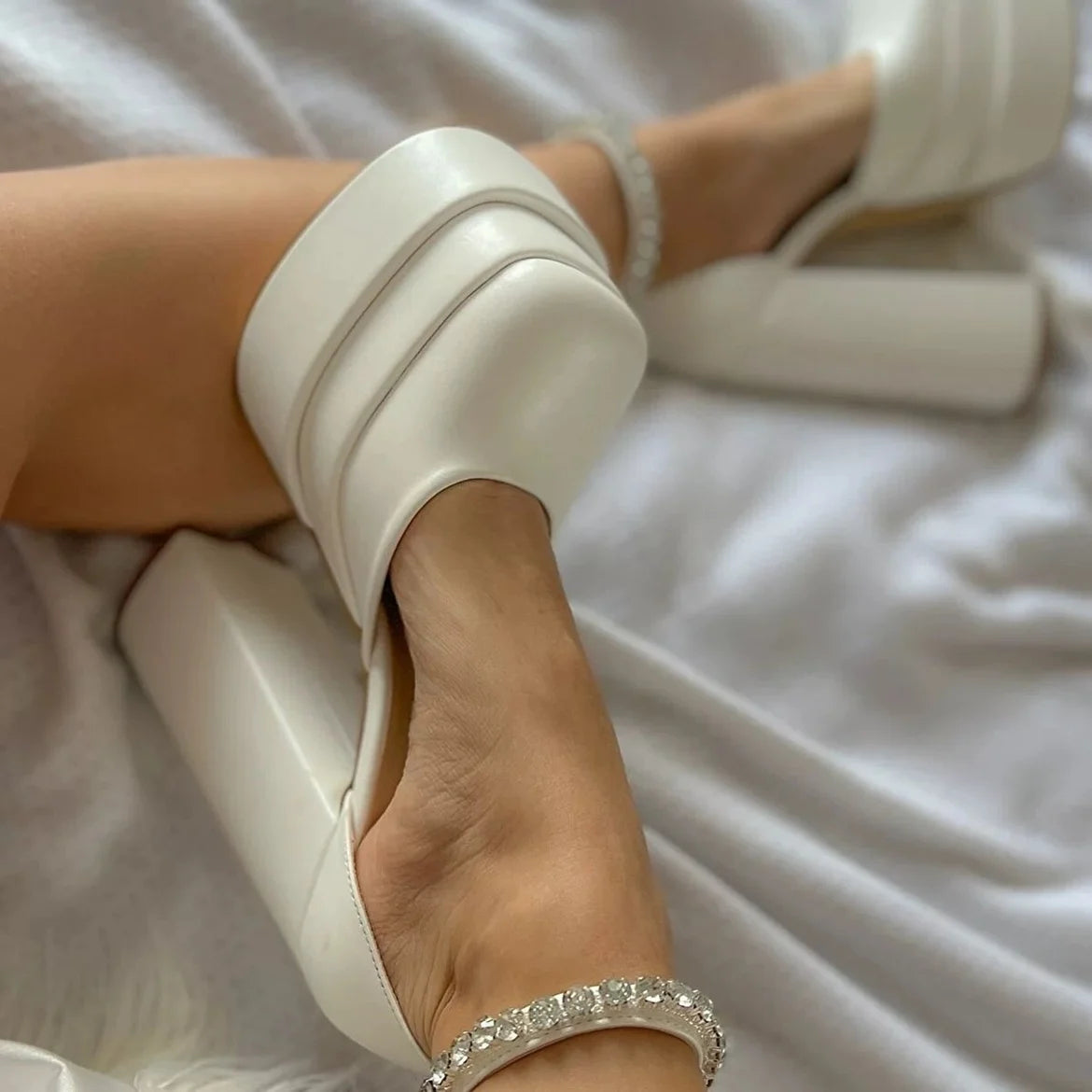LBSFY  -  Fashion Ivory Satin Evening Party Platform Womens Sandals High Heels  15 cm Thick Heels Wedding Womens Shoes