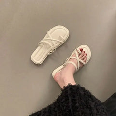 LBSFY -Summer Women Slippers Shoes Low Round Heel Narrow Band Gladiator Casual Sandal Ladies Casual Outdoor Beach Slides