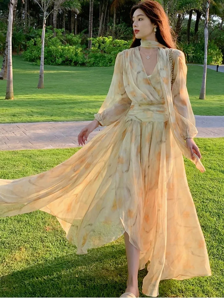 LBSFY -Elegant V-neck Puff Sleeve Yellow Floral Dress Y2K Women Chiffon Waist-fitted Slim Long Dresses Korean Femme Clothings Summer