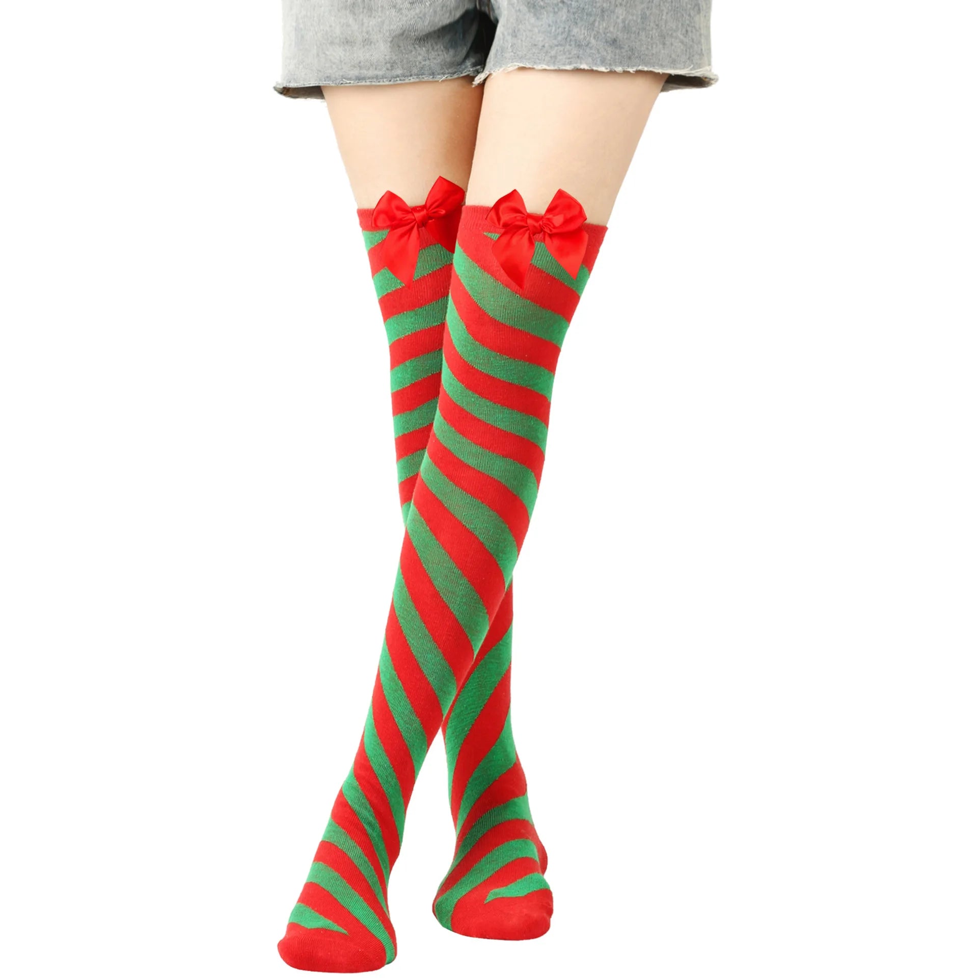Lbsfy Diagonal Striped Women Christmas Stocking Candy Bow Socks Red Twill Stockings Stockings Knee Socks Halloween