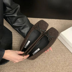 LBSFY -Woman Casual Square Head Bow Flats Flock Mocasines Ballerina Church Flats Female Suede Elegant Soft Sole Women Shoes