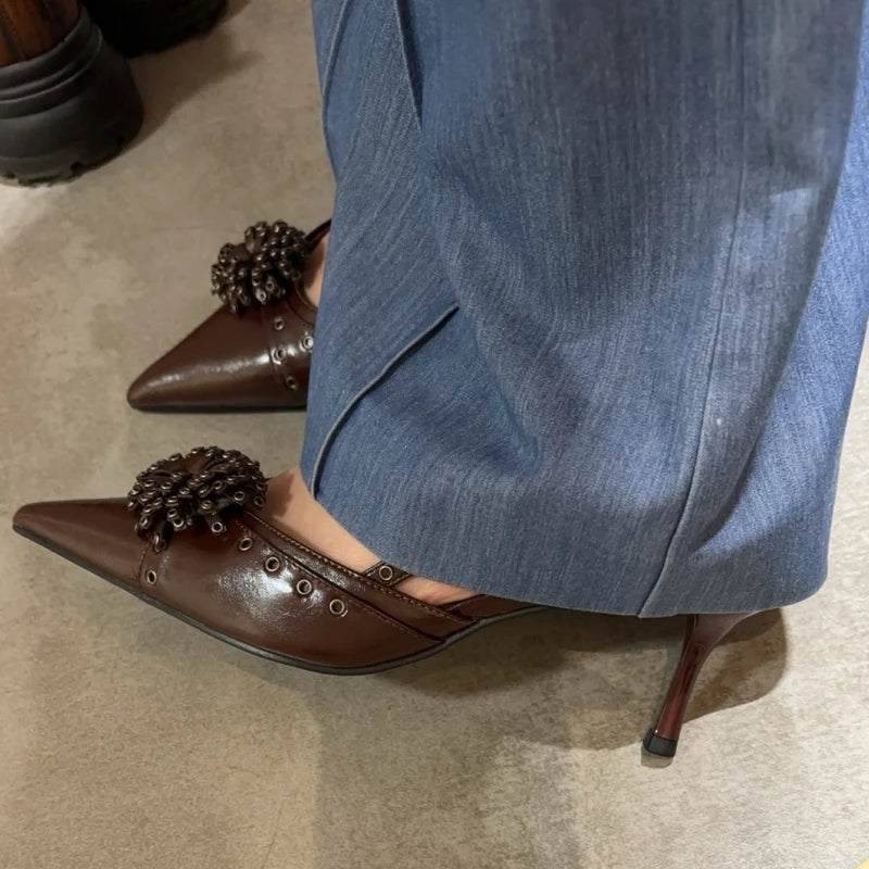 LBSFY  -  Brown Studs Pointed Toe High Heels Ladies Summer Sexy Single Shoes for Women Party Dress Pumps Sandalias De Mujer Verano