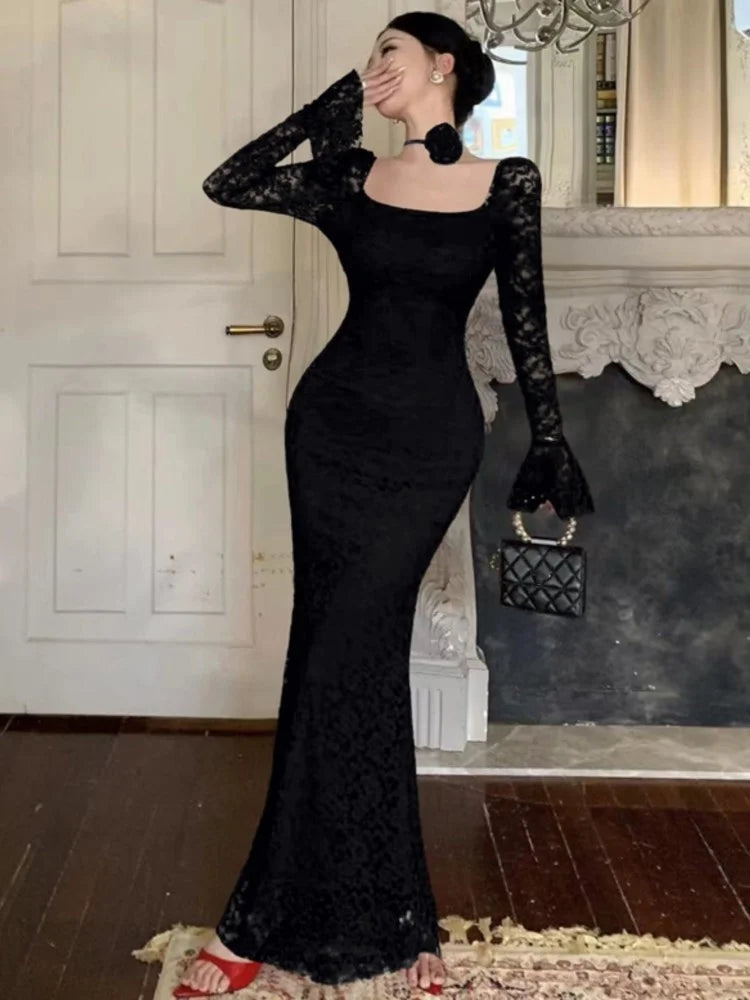 LBSFY -Elegant Tie Flowers Solid Evening Dresses Square Collar Flare Sleeve Lace Mermaid Long Dress Slim Party Vestidos Women's Clothes