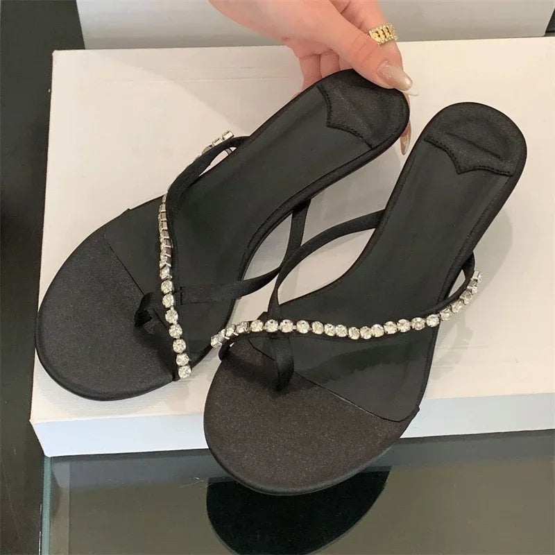 LBSFY -Summer Fashion Crystal Clip Toe Slippers Women Elegant Low Thin Heels Sandals Flip Flops Slide Shoes Zapatos De Mujer