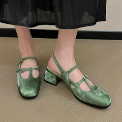 LBSFY  -  NEW Summer Women Sandals Silk Split Leather Shoes for Women Round Toe Chunky Heel Shoes Cover Toe Slingback Mary Jane Sandals