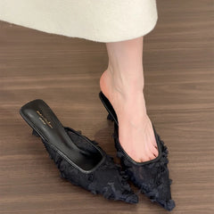 LBSFY - Summer Women's Fashion High Heel Mules Slippers Elegant Cover Toe Dress Lace Slides Ladies Dancing Party Prom Shoes