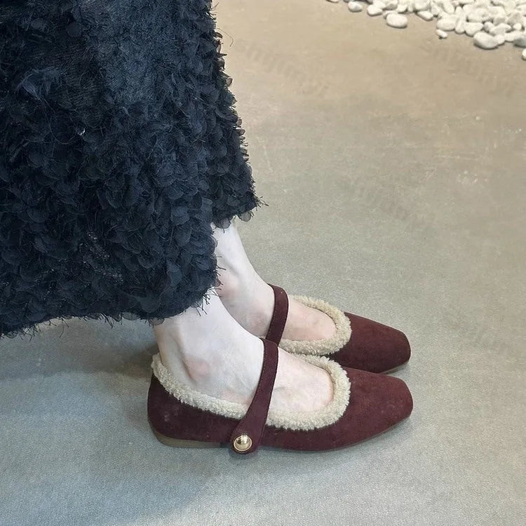 LBSFY  -  2025 New Style Elegant Buckle Strap Fur Mary Jane Shoes Woman Soft Lambs Wool Fluffy Ballet Flat Ladies Plush Shallow Loafers