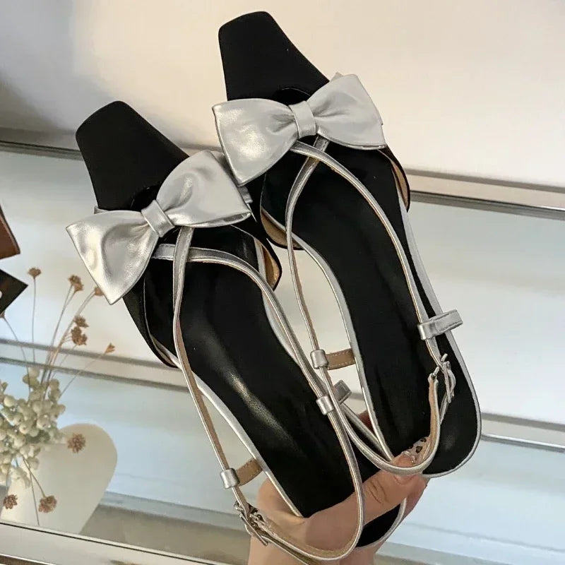 Lbsfy Sweet Butterfly-knot Low Heel Mules Women Shallow Elegant Dress Shoes Female Comfy Cross-tied Square Toe Slingback Sandals Women