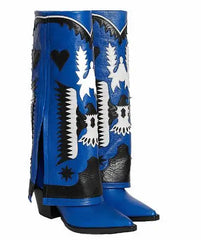 LBSFY  -  Burgundy White Brown Mixed Color Leather Eagle Star Heart Print Pointed Toe Square Med Heels Knee High Pants Boots Women Shoes