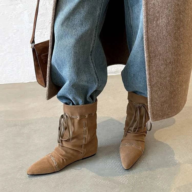 LBSFY -New Style Luxury Women's Thin Heel Short Boots Fashion Pointed Wide Tube Folded Stacked Boots Women's Large Ankle Boots