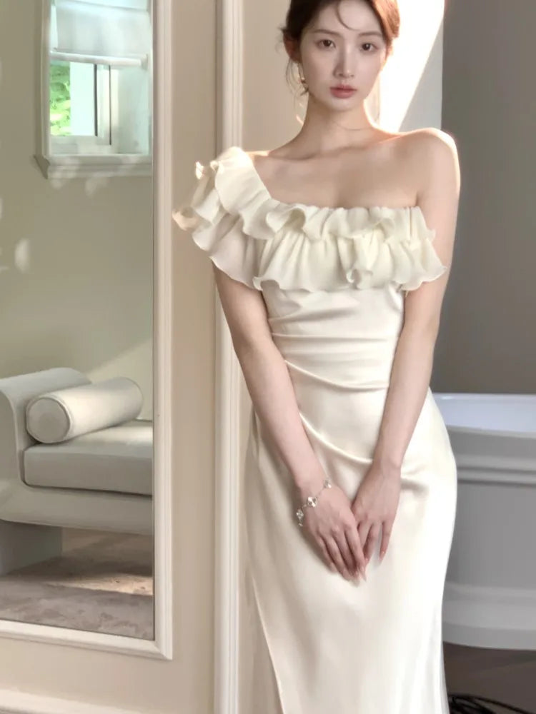 LBSFY -Elegant Party Chic Satin Mermaid Dress For Woman Ruffles Slash-Neck Slim Fit Patchwork Solid Dresses Evening Prom Female Clothes