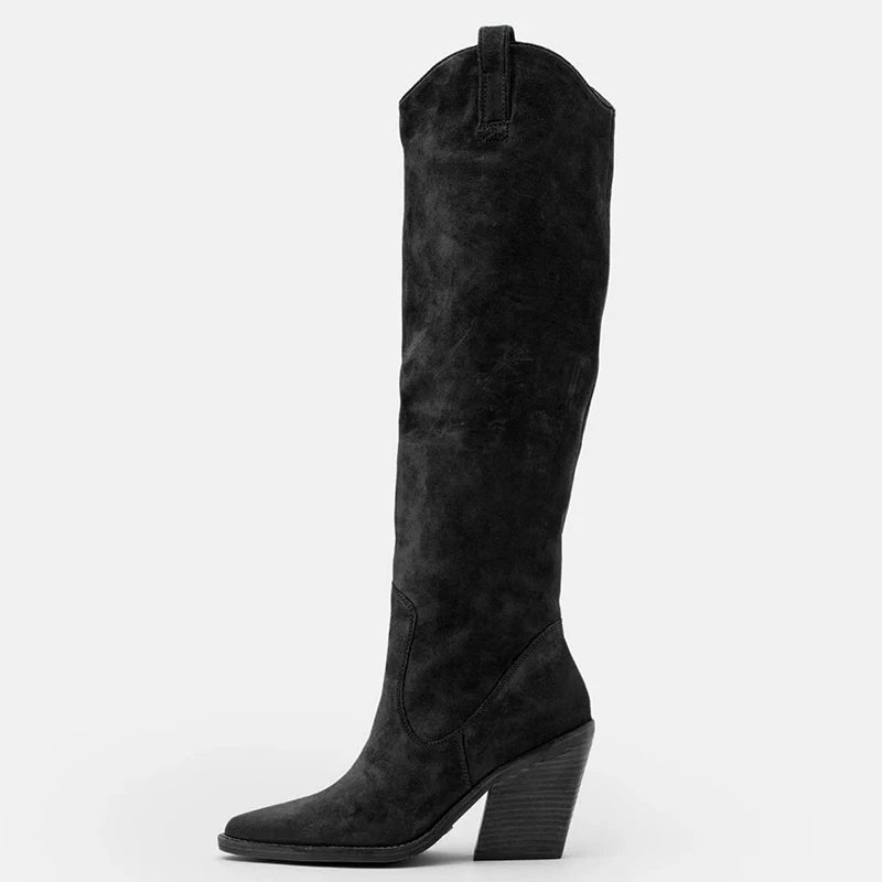 LBSFY  -  New Suede Pointed Toe Cowboy Knee-High Boots Women Side Zipper Knight Boots High Heels Women Western Boots Women Botines Mujer