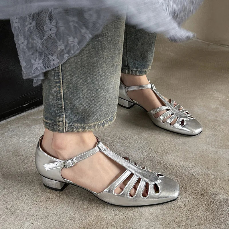 LBSFY  -  Fashion Sandals Women New High Quality Genuine Leather Retro Hollow T-shaped Roman Low Heel Sandals Summer Open Shoes