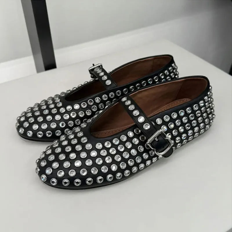 LBSFY  -  Fashionable Diamond Studded Women's Mary Jane Ballet Shoes 2025 Spring Shoes Casual Soft Leather Comfortable Flat Ballet Shoes