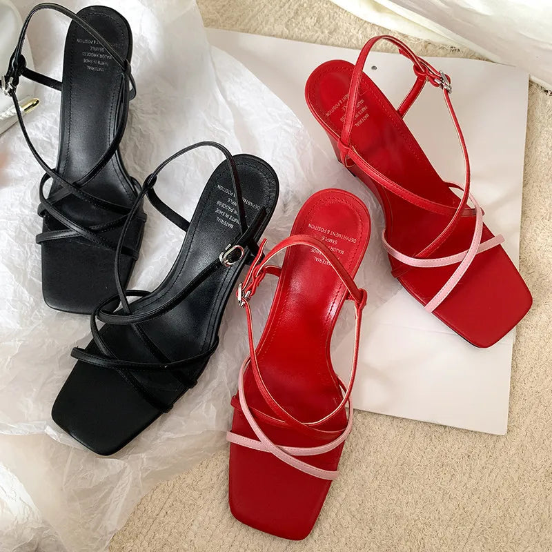 LBSFY  -  Fashion Sandals Women's New High Quality True Leather Open Toe Thin Belt Cross Wedges Heel Sandals Summer Open Shoes