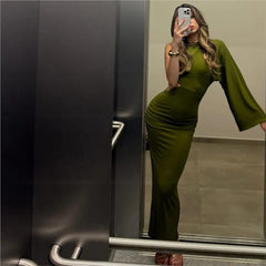 LBSFY -One Shoulder Long Sleeve Dress Solid Color Green Fashion Party Dress For Women Tight High Waist Elegant Summer Dresses New