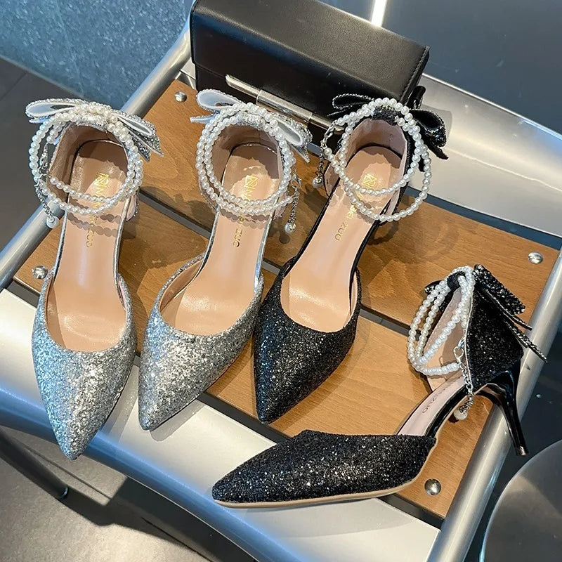 LBSFY  -French new pointy shallow mouth temperament elegant sequin bow high heels women's fine heel pearl line with a single shoe