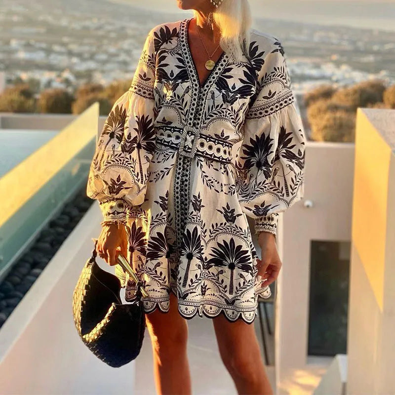 LBSFY  -  Boho Style Pattern Print Retro Party Dress Women Spring V Neck Lace-up Office Mini Dress Autumn Lantern Long Sleeve A-Line Dress