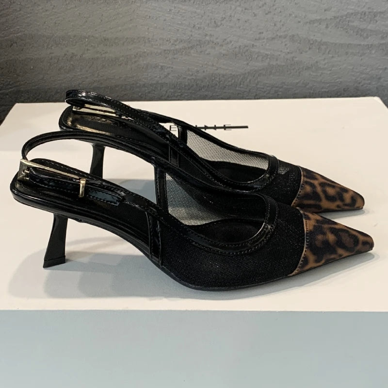 Lbsfy Leopard Sexy Pointed Toe Sandals Women Mesh Fashion Slingback Shoes Shallow Designer High Heels Dress Shoes Sandalias De Mujer