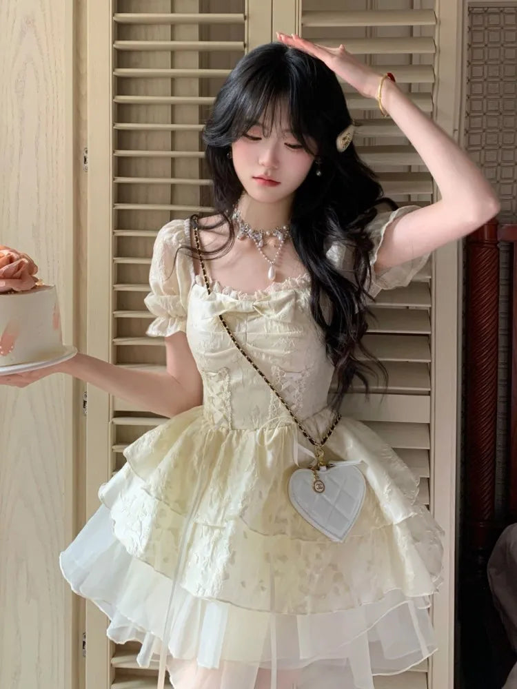 LBSFY -Kroean Y2K Yellow Preppy Style Cake Dress Puff Sleeves Mesh Ball Gown Ruffles Mini Woman Dresses Abend Kleider Spring Summer New