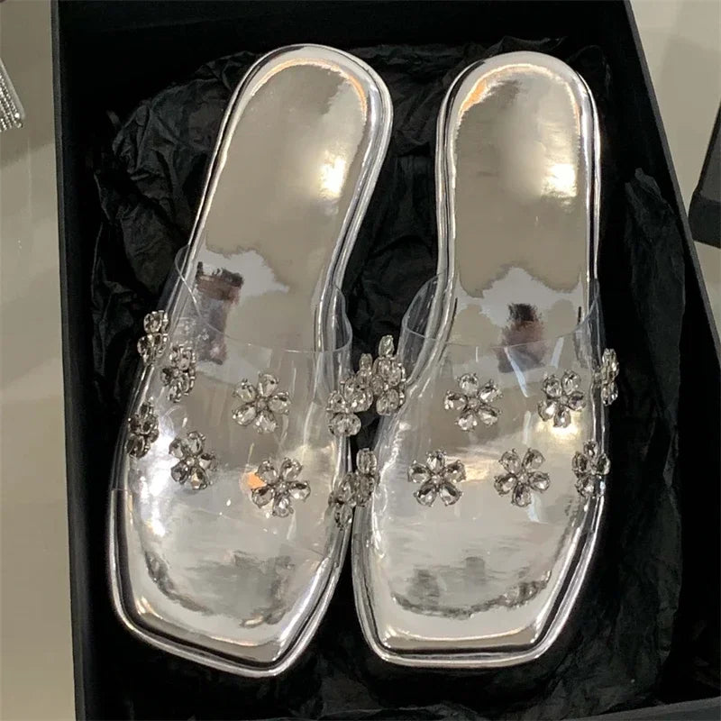 LBSFY -Summer CRYSTAL Flower PVC Transparent Women Slippers Fashion Solid Platform Wedges Heels Square Toe Sandals Shoes