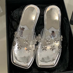 LBSFY -Summer CRYSTAL Flower PVC Transparent Women Slippers Fashion Solid Platform Wedges Heels Square Toe Sandals Shoes