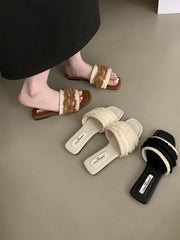 LBSFY  -  Brown Beige Black Women Slippers Summer Outside Mules Shoes Party Dress Shoes Low Flat Heels Shallow Slip On Beach Shoes Lace