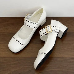 LBSFY  -   Fashion Patent Leather Hollow out Mary Janes Women Pumps Spring Summer Vintage Belt Buckle Chunky heels Girl Shoes Zapatos Mujer
