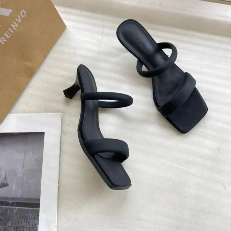 LBSFY -Open Toe High Heeled Sandals Women's Summer New Square Head Thick Heel Mid-heel Slippers
