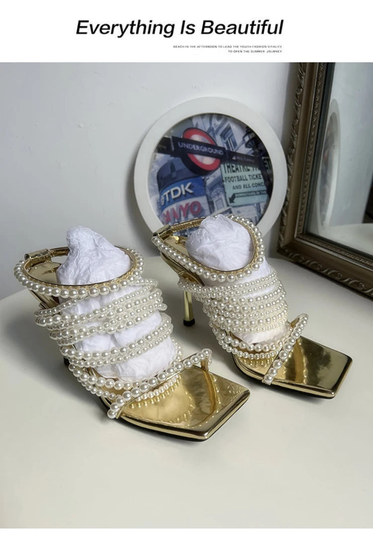 LBSFY  -  New Gold Square Open Toe String Bead Pearl Wrap Slip On Thin Heels Party Summer Sandals Women Elegant Bride Wedding Dress Shoes