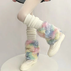 Lbsfy Cute Colorful Rainbow Leg Warmer Plush Imitation Fur Japanese Women Knitted Over Knee Tube  Winter Warm Long Leg Cover Socks