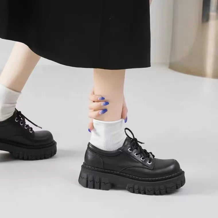 LBSFY  -  Thick Soled Small Leather Shoes Summer Black American Mary Jane Shoes Women's Lace Up Spicy Girl Sponge Cake Shoes British Style