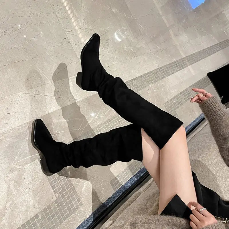 LBSFY  -  2024 New Faux Suede Over The Knee Boots Women Pointed Toe Pleated Thigh High Boots Fashion Long Botas Ladies Daily Shoe