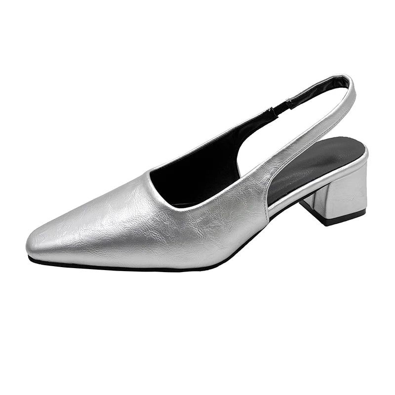 LBSFY -Summer New Women Sandal Fashion Pointed Toe Shallow Slip on Ladies Elegant Slingback Shoes Thin Med Heel Dress Mules