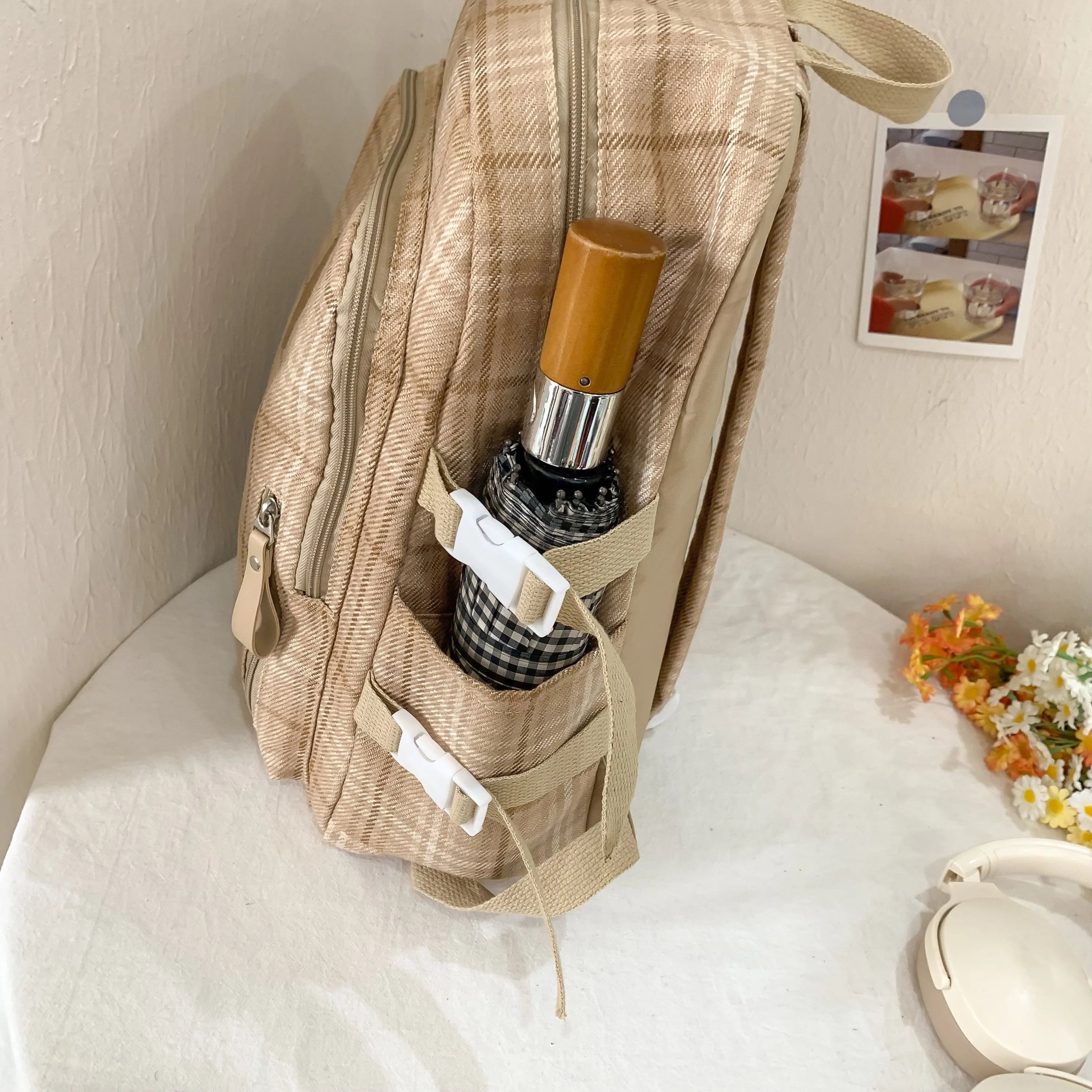 LBSFY -Casual Backpack, Trendy Brand Cotton and Linen Checkered Design School Bag, Good-Looking, Large-Capacity Lightweight Backpack for Junior High School and College Students