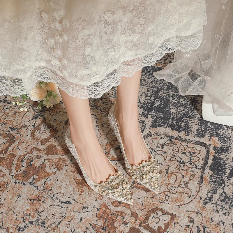 LBSFY  -  Small Size 32-43 Rhinestone Pearls High Heels Women Wedding Shoes Stiletto Heel Pointed Toe Banquet Shoes