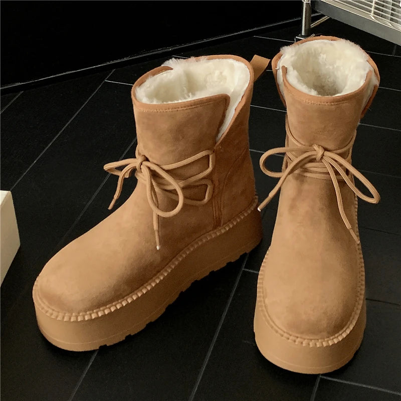 LBSFY  -  Wool Snow Boots Women Lace Up Platform Winter Boots Round Toe Thick Bottom Black Brown Ladies Warm Casual Shoes