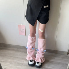 Lbsfy Kawaii Pink Love Heart Fur Leg Warmers Winter Y2K Sweet Leg Covers Rabbit Bow Plush Fur Warm Harajuku Boot Cuffs JK Lolita Sock