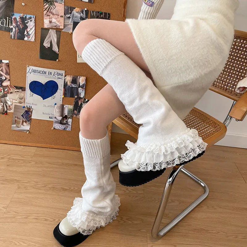 Lbsfy Punk Dark Black Leg Warmers Lace Over Knee Socks Winter Warm Knit Y2K Leg Covers Harajuku Boot Cuffs Japanese JK Lolita Sock