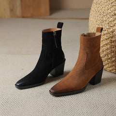 LBSFY  -   Women Cow Suede Boots High Quality Chunky Heels Western Boot Woman Retro Square Toe Zipper Shoes Winter 34-42
