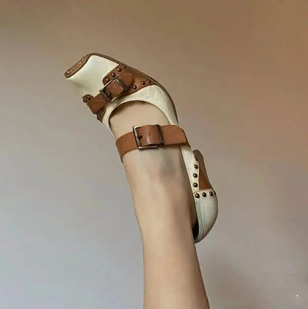 LBSFY  -  Khaki Beige Patchwork Belt Buckles Square Closed Toe Pumps Women Hollow Cuts Out Shallow Rivet Heels British Leather Shoes Lady