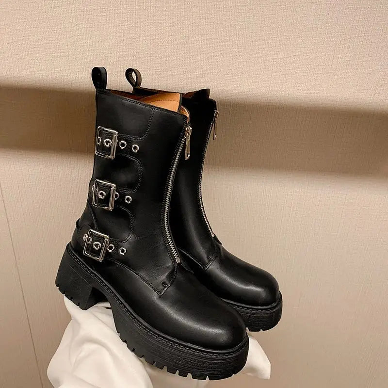 LBSFY  -  2025 New Women's Ankle Boots Buckle Zipper Square High Heels Motorcycle Boots Handmade Autumn Winter Ladies Shoes