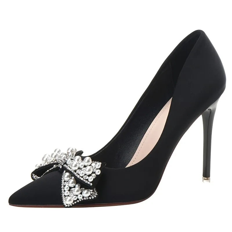 LBSFY -New Fashion Bowknot Pointed Toe High Heels Pumps Women's Stiletto White Pearl Bridal Wedding Shoes Banquet Party Dress Shoes
