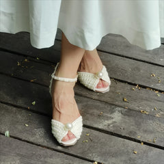 LBSFY  -  White Pearl Heels Sandals Shoes for Women Wedding Party 6cm Ankle Strap 2024