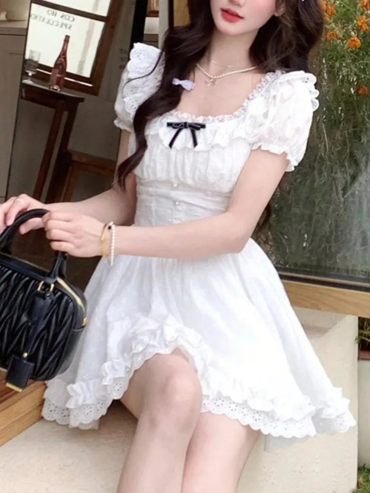 LBSFY -Chic 2025 Summer Sweet Lace Spliced Birthday Party Dress Women Square-Collar High Waist Bubble Short Sleeve A-Line Short Dresses