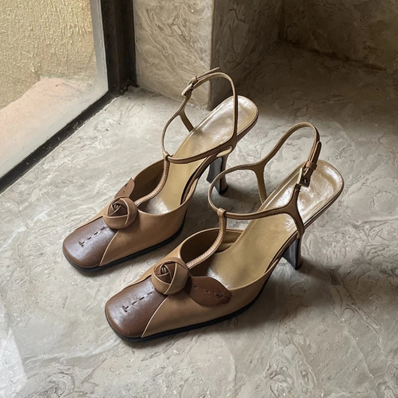 LBSFY  -  Brown Square Toe Flower High Heels Ankle Strap Sandals Ladies Summer Slippers Mixed Colors Mules Shoes For Women Dress Pumps
